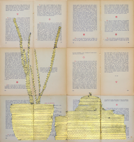 Objeto #23. Guache e costura sobre papel de livro / Dimensões: 52,5 x 50 cm / Ano: 2022